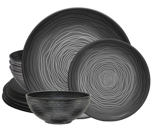 Bộ bát đĩa melamine nâng cấp đen vân giả gốc cây lâu năm sang trọng không tưởng