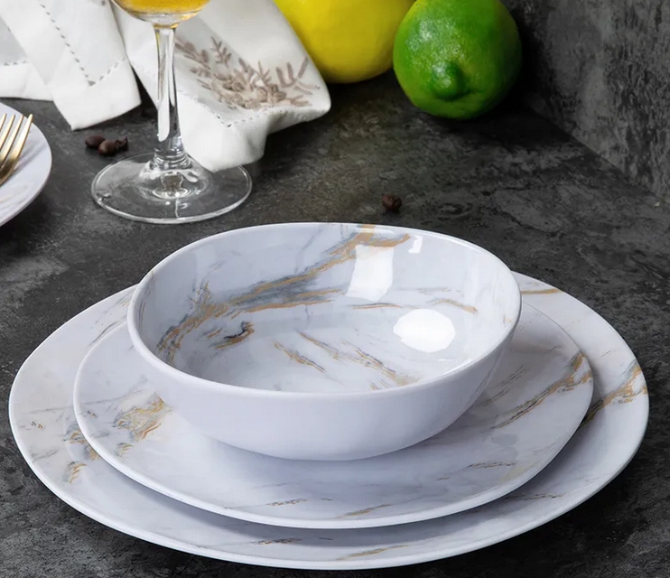 Bát đĩa melamine giả vân đá phù hợp với những nhà hàng alarcate gọi món âu hoặc tổng hợp